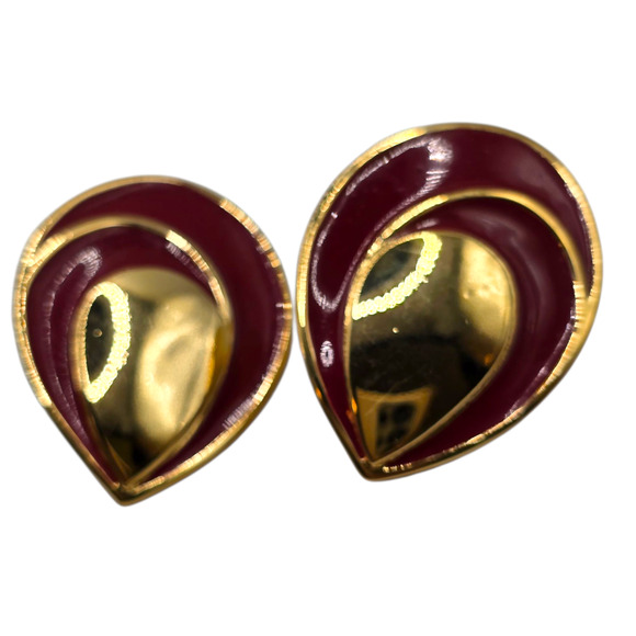 Vintage Monet Clip-On Earrings Gold Tone Red Enamel Teardrop Swirl Statement - Picture 4 of 6